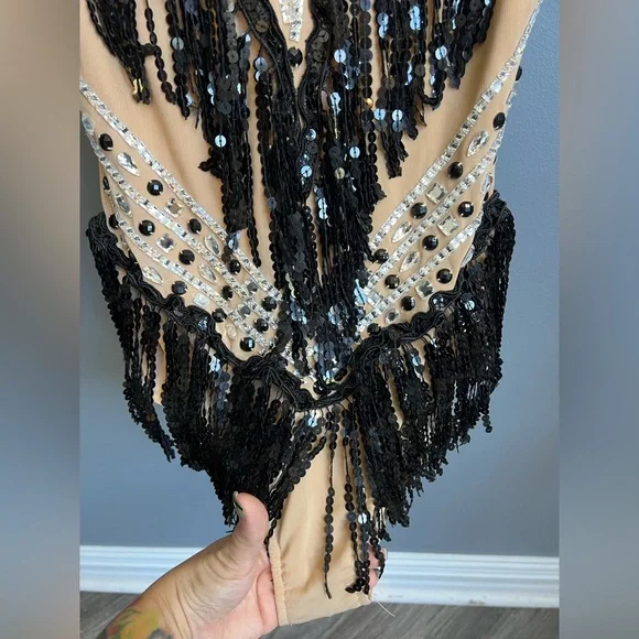 Glamour, Beaded & Jeweled Tan & Black Dance Costume w/ Built-in Leotard, Adult S - Picture 6 of 6